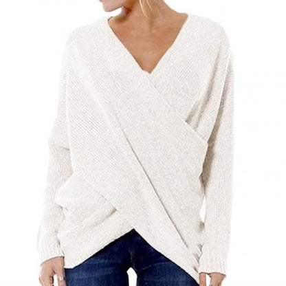 Women's Pullover Sweater – Ribbed Knit – Relaxed Fit – Long-Sleeved V-Neck Cross Design