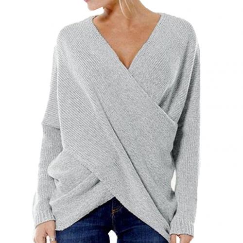 Women's Pullover Sweater – Ribbed Knit – Relaxed Fit – Long-Sleeved V-Neck Cross Design