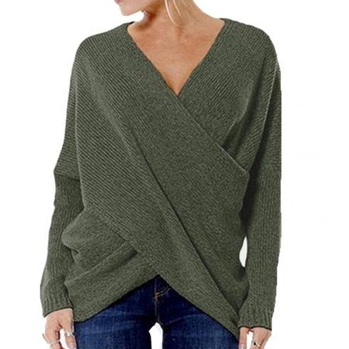 Women's Pullover Sweater – Ribbed Knit – Relaxed Fit – Long-Sleeved V-Neck Cross Design