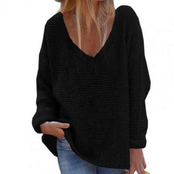Women's Knit Sweater – Oversized Fit – V-Neck – Long Sleeves – Soft Texture