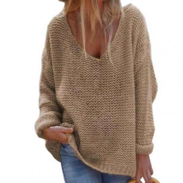 Women's Knit Sweater – Oversized Fit – V-Neck – Long Sleeves – Soft Texture