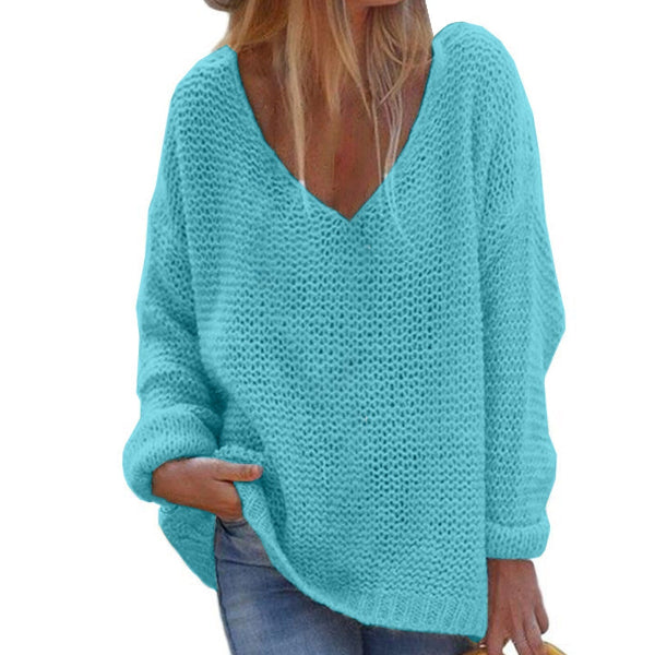 Women's Knit Sweater – Oversized Fit – V-Neck – Long Sleeves – Soft Texture