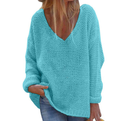 Women's Knit Sweater – Oversized Fit – V-Neck – Long Sleeves – Soft Texture