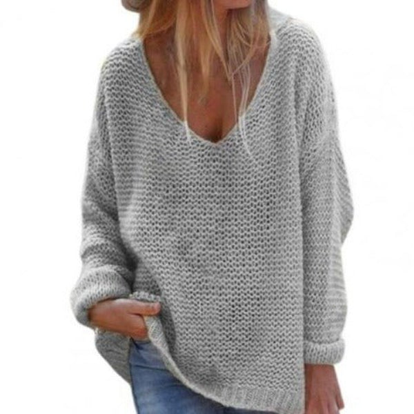 Women's Knit Sweater – Oversized Fit – V-Neck – Long Sleeves – Soft Texture