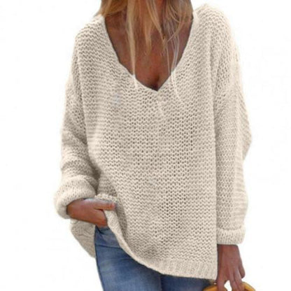 Women's Knit Sweater – Oversized Fit – V-Neck – Long Sleeves – Soft Texture
