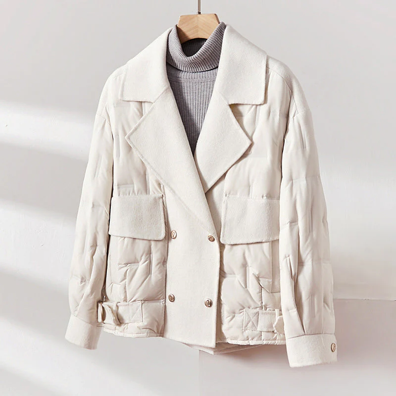 Isla Wool-Blend Quilted Double-Breasted Jacket | Flap Pockets Strap Details Jacket