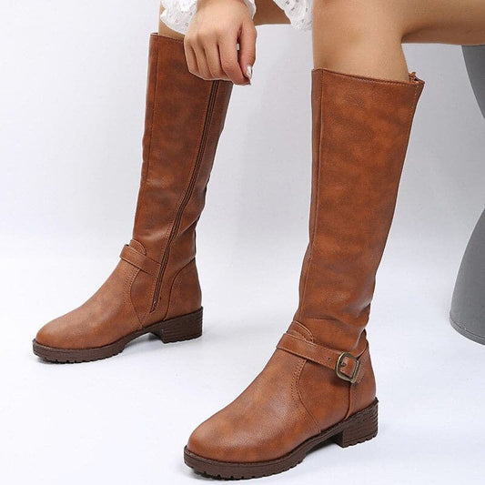 Women's Knee-High Boots - Genuine Leather - Low Block Heel - Zipper & Buckle Detail