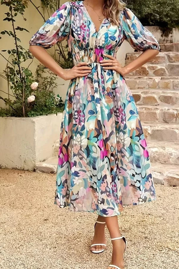 Dress for Women – Midi – Flowy Fit – V-Neck – Puff Sleeves – Floral Print