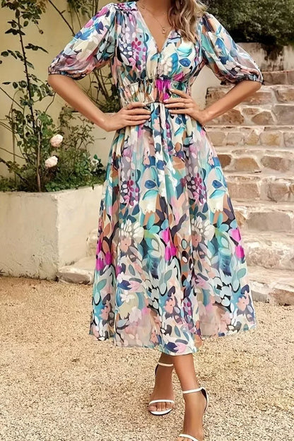 Dress for Women – Midi – Flowy Fit – V-Neck – Puff Sleeves – Floral Print