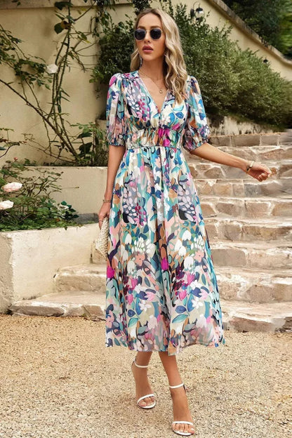Dress for Women – Midi – Flowy Fit – V-Neck – Puff Sleeves – Floral Print
