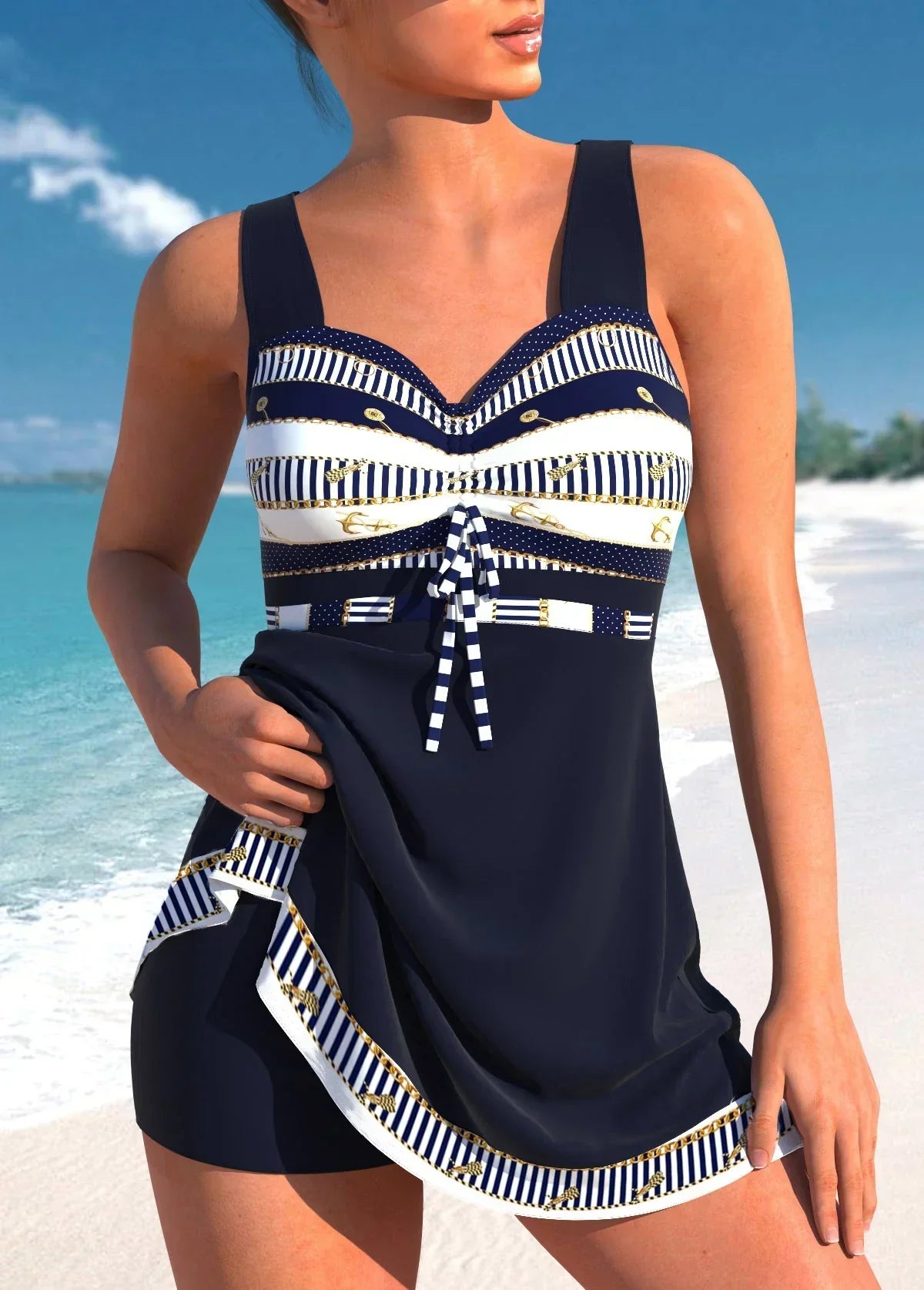 Dame Tankini Sæt – Slank Pasform – Åndbart Strækstof – Bustebånd – Patchwork Design