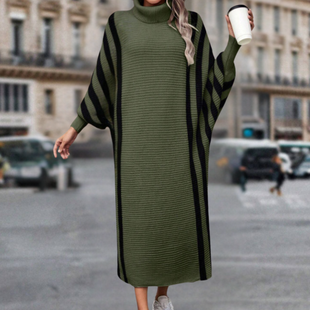 Women's Knit Dress - Turtleneck - Long Batwing Sleeves - Ribbed Ankle-Length Comfort